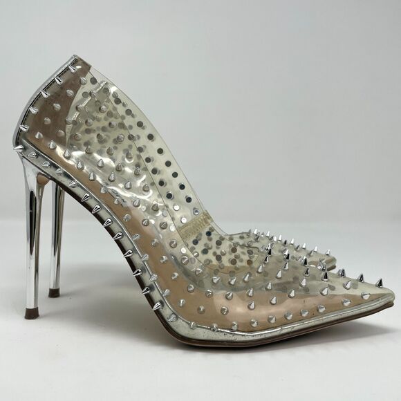 Steve Madden Shoes Wmns 7.5M Clear PVC Silver Vala Spiked Pointed Toe Heels Glam - Picture 2 of 9